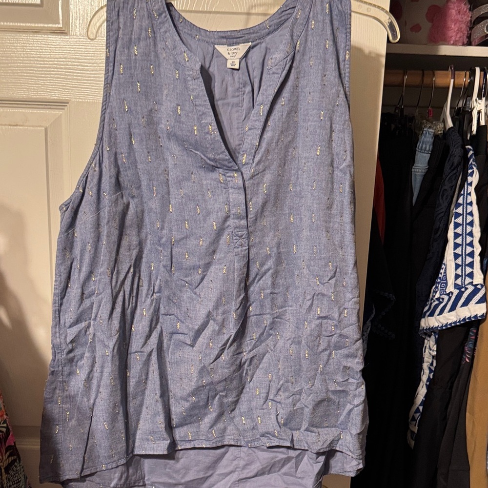 Crown & Ivy Blue Sleeveless Blouse with Gold Accents